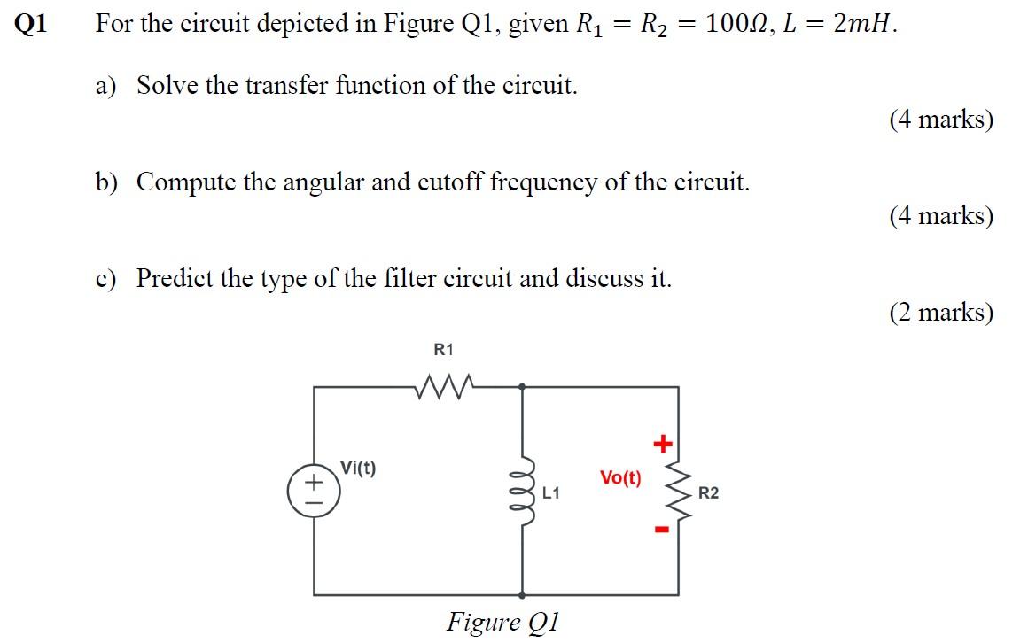 Solved 1 For the circuit depicted in Figure Q1, given | Chegg.com