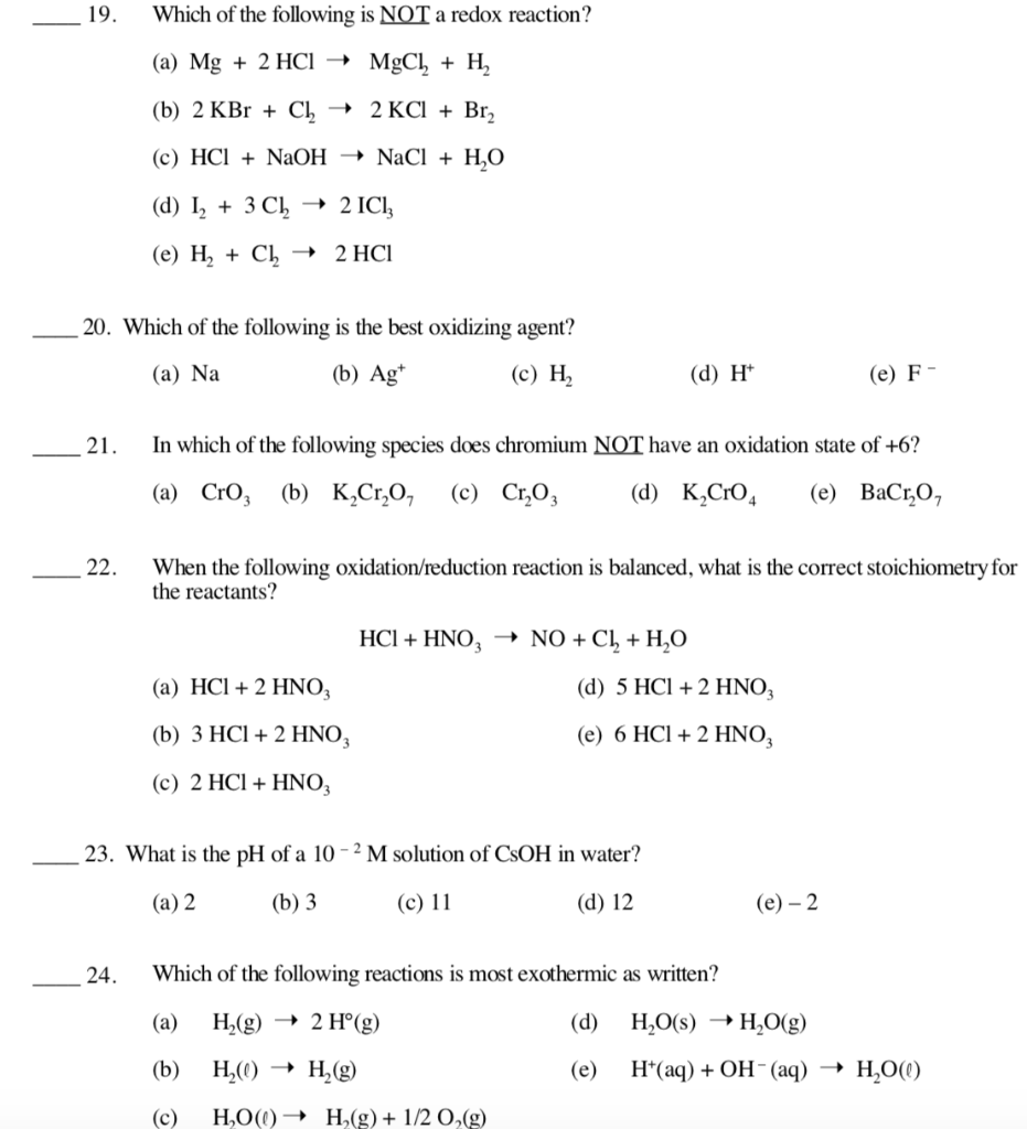 Solved 19. Which Of The Following Is Not A Redox Reaction? 