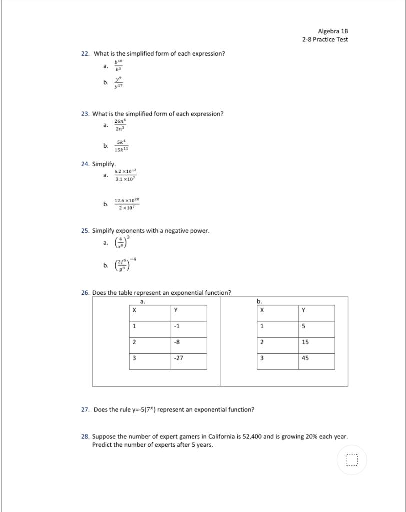 Solved Algebra 1B 2-8 Practice Test 22. What Is The | Chegg.com