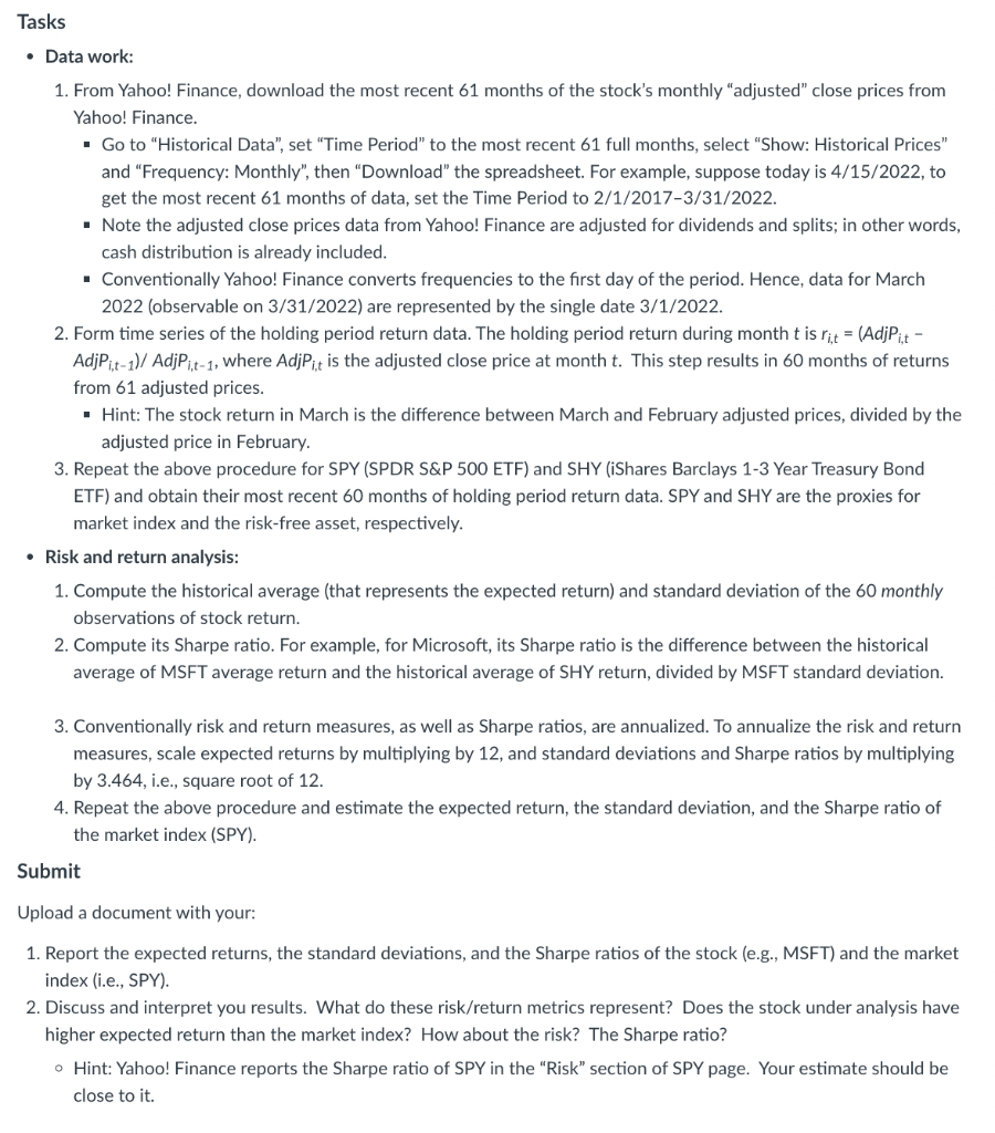 Tasks • Data work: 1. From Yahoo! Finance, download | Chegg.com