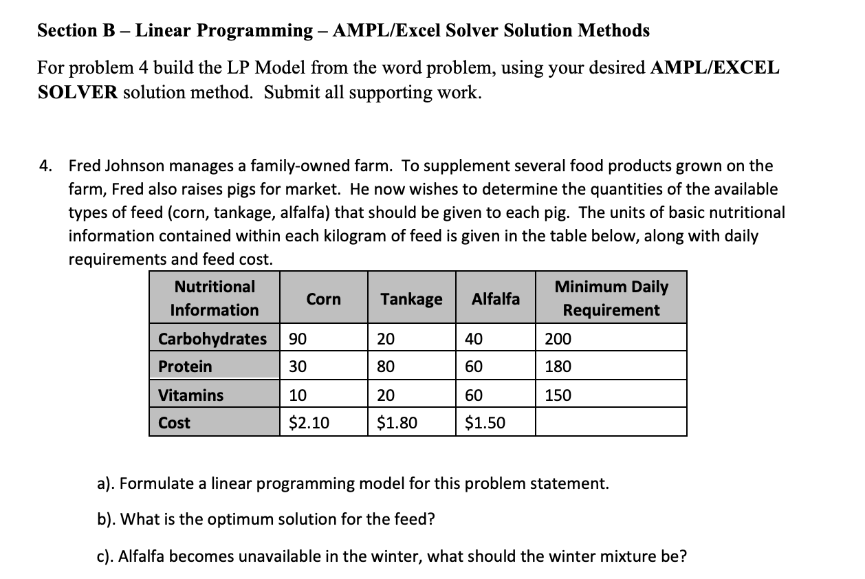 Solved Section B - Linear Programming – AMPL/Excel Solver | Chegg.com ...