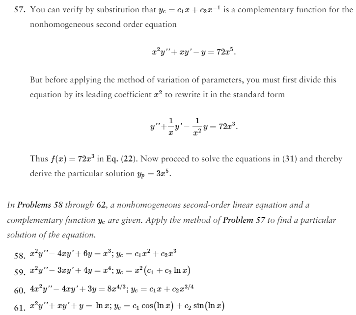 Solved 57. You Can Verify By Substitution That Yc=c1x+c2x−1 | Chegg.com