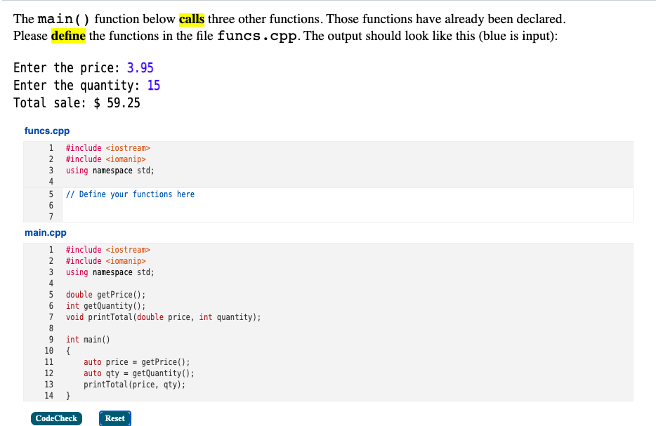 Solved The main() function below calls three other | Chegg.com