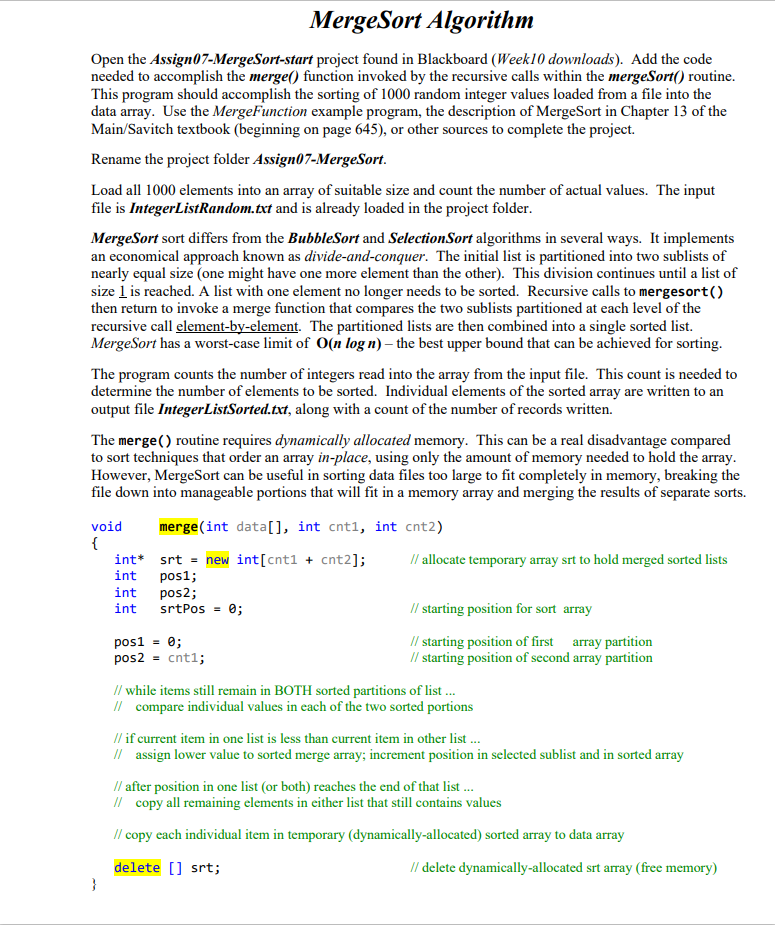 Solved MergeSort Algorithm Open The Assign07-MergeSort-start | Chegg.com