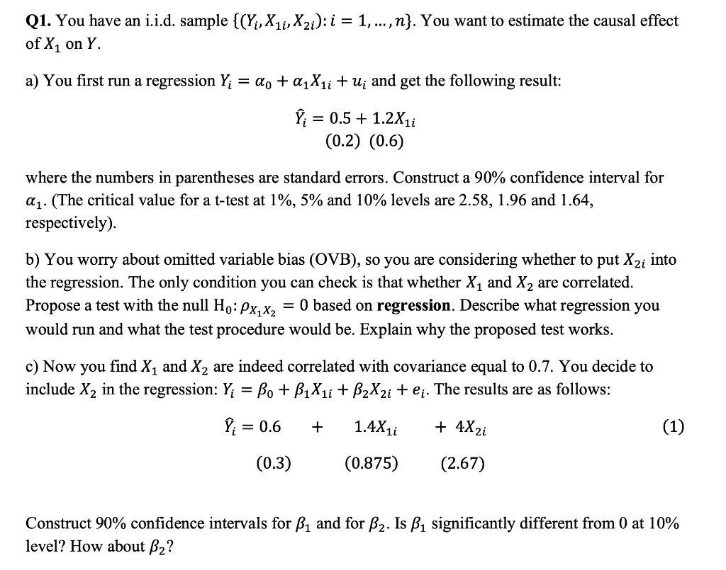 Solved Q1 You Have An I I D Sample Yị X1i X2i I 1 Chegg Com