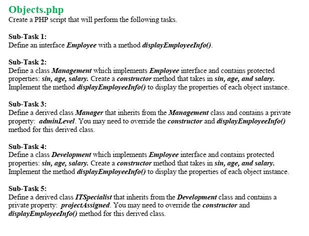 Solved Objects.php Create a PHP script that will perform the | Chegg.com