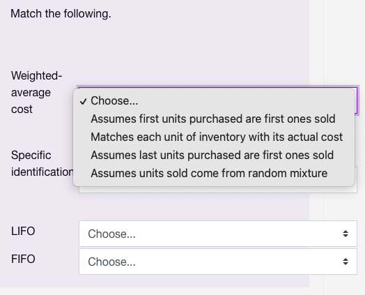 Solved Match The Following Weighted Average Cost Choose Chegg Com