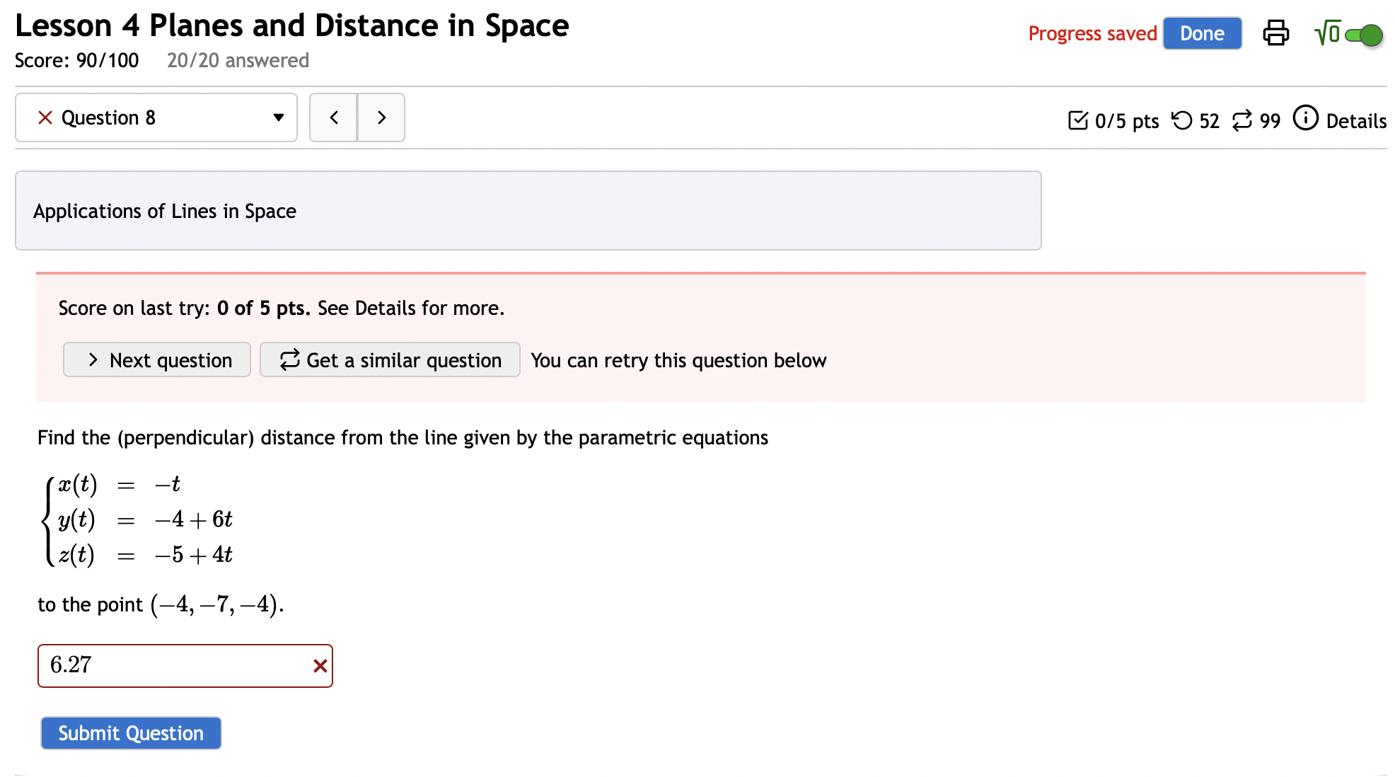 Solved Lesson 4 Planes And Distance In Space Score: 90/100 | Chegg.com