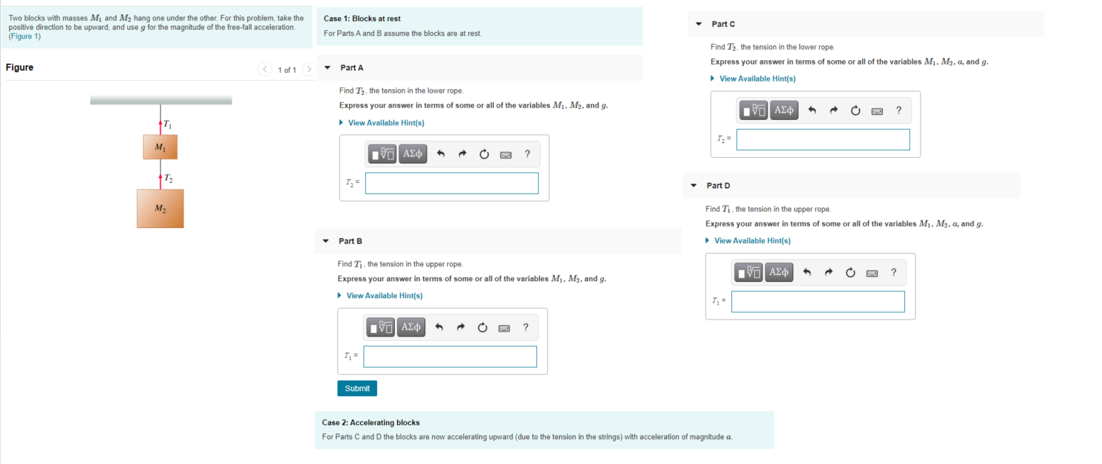 Solved Two blocks with masses M and M, hang one under the
