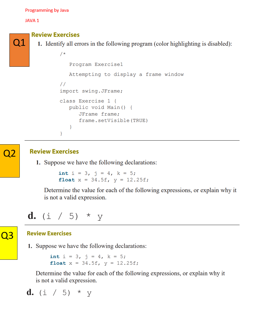 Solved Programming By Java JAVA 1 Q1 Review Exercises 1. | Chegg.com