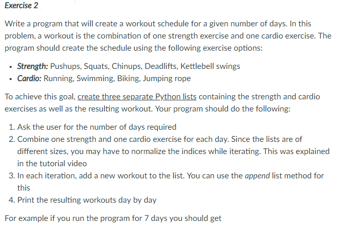 Solved Exercise 2 Write a program that will create a workout | Chegg.com