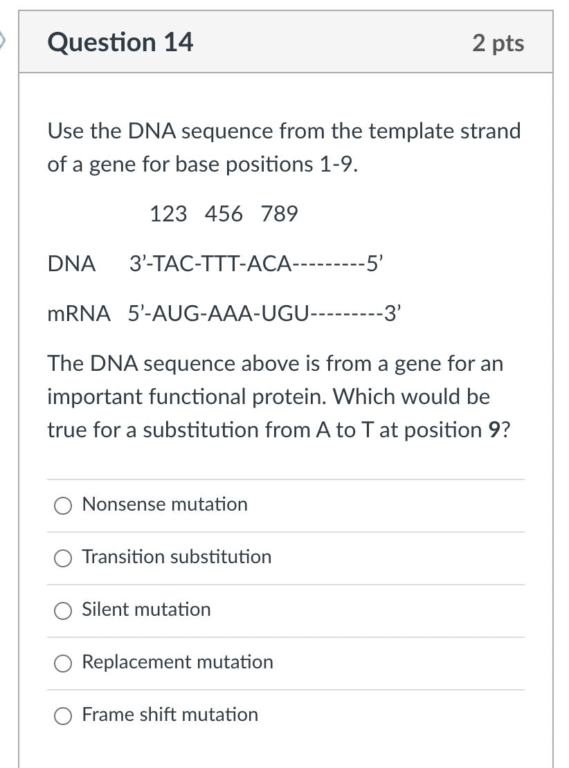 Solved Question 14 2 pts Use the DNA sequence from the | Chegg.com