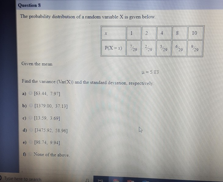 Solved Question 7 The probability distribution of a random | Chegg.com