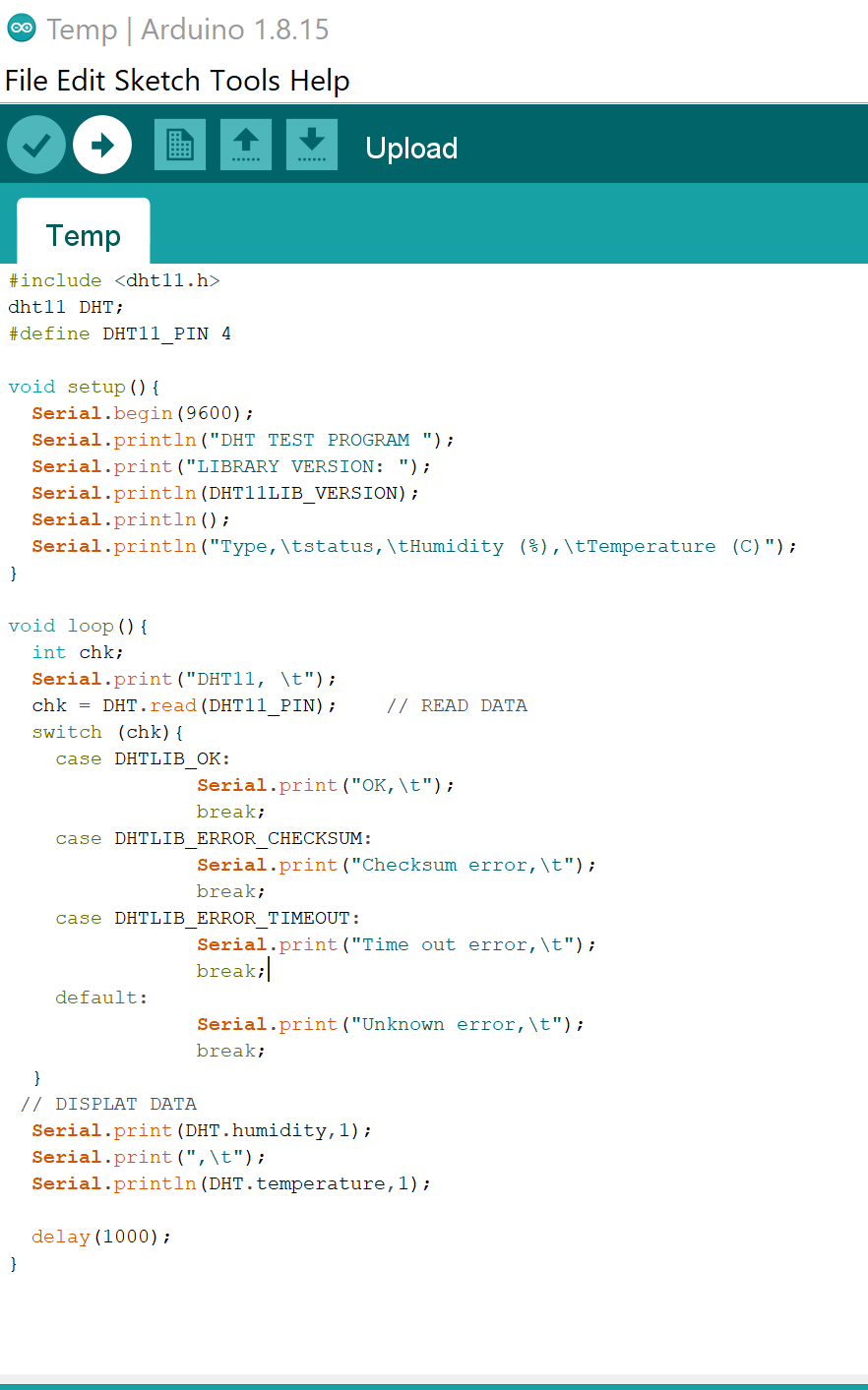 Solved oo Temp | Arduino 1.8.15 File Edit Sketch Tools Help | Chegg.com