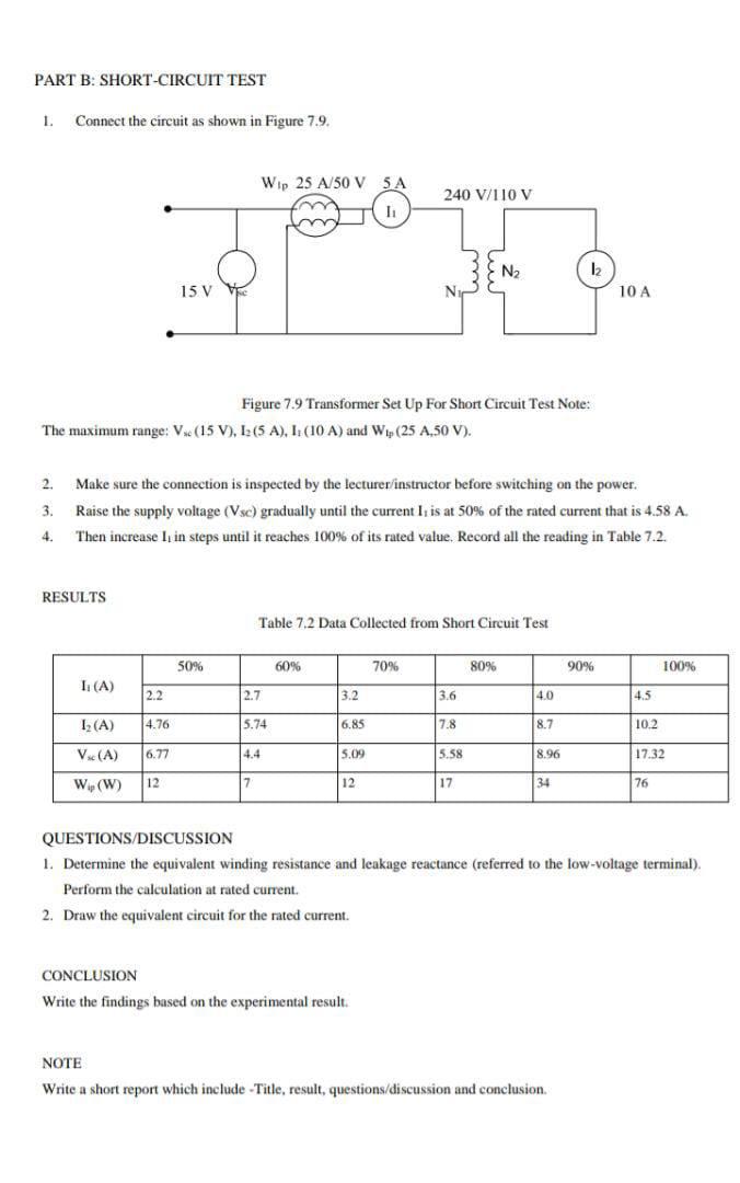 Solved PART B: SHORT-CIRCUIT TEST 1. Connect the circuit as | Chegg.com