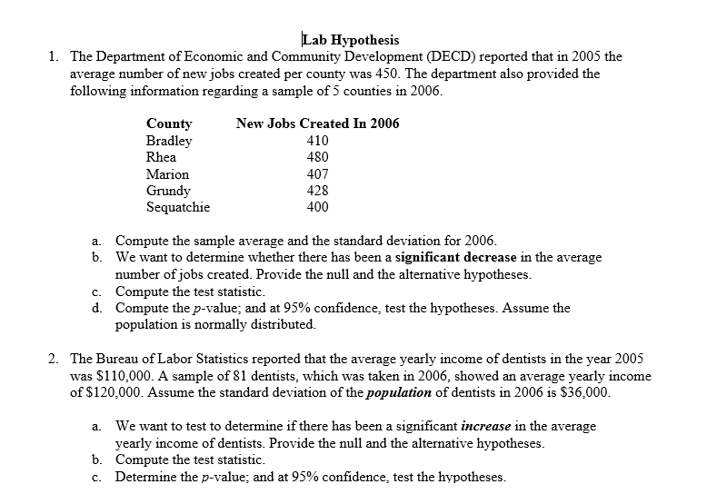Solved Lab Hypothesis 1. The Department of Economic and | Chegg.com