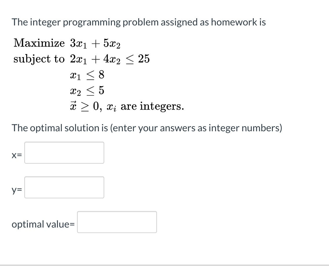 Solved The integer programming problem assigned as homework | Chegg.com