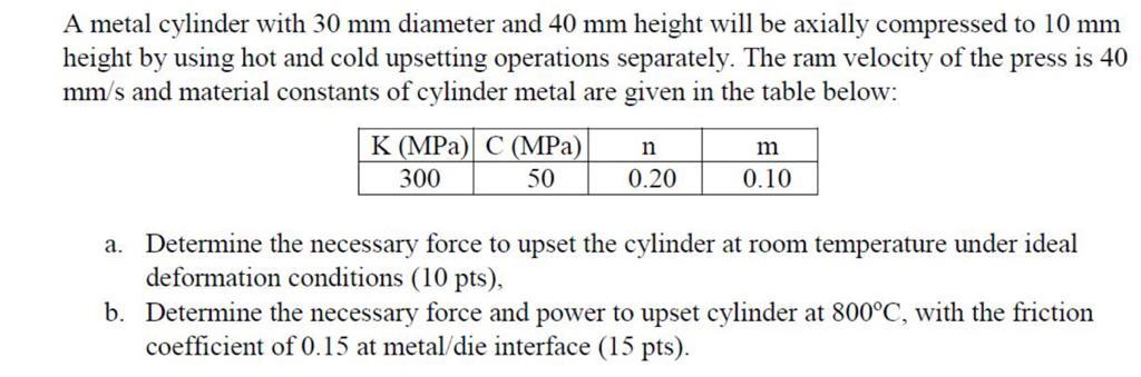 Solved A metal cylinder with 30 mm diameter and 40 mm height | Chegg.com