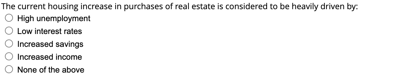 The current housing increase in purchases of real estate is considered to be heavily driven by:
High unemployment
Low interes