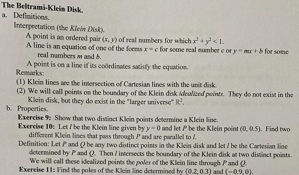 The BeltramiKlein Disk. a. Definitions.