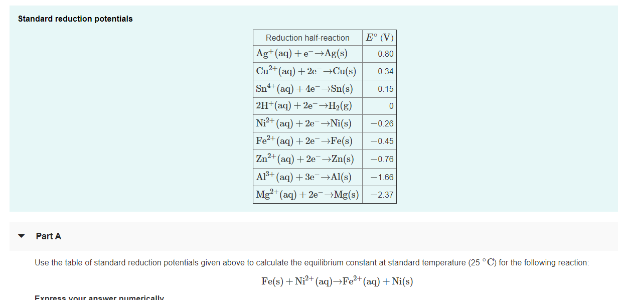 Solved Part A Calculate the standard potential for the