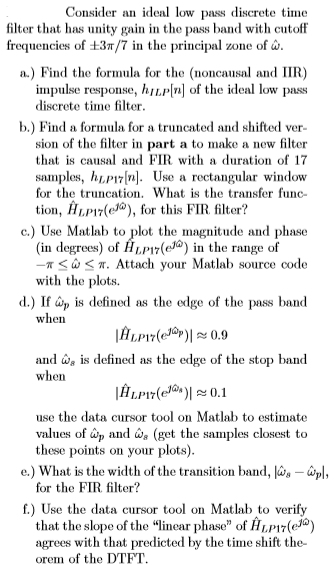 Solved Consider an ideal low pass discrete time filter that | Chegg.com