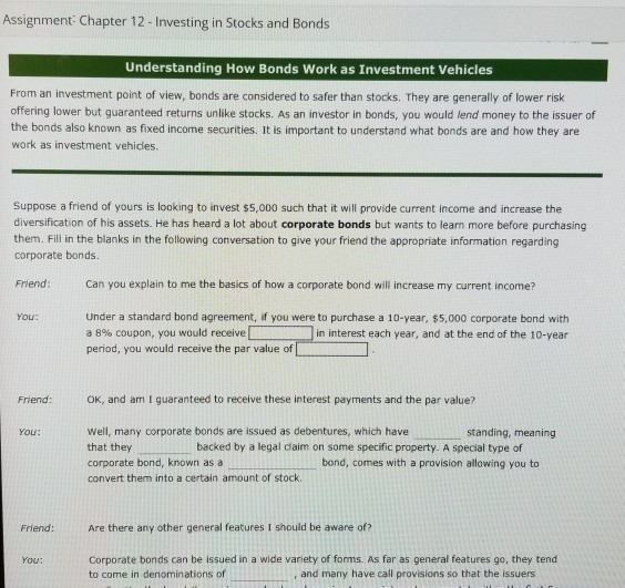 Solved Assignment Chapter 12 Investing in Stocks and Bonds
