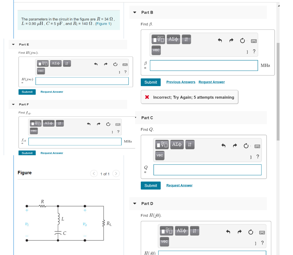Solved Part B The parameters in the circuit in the figure | Chegg.com