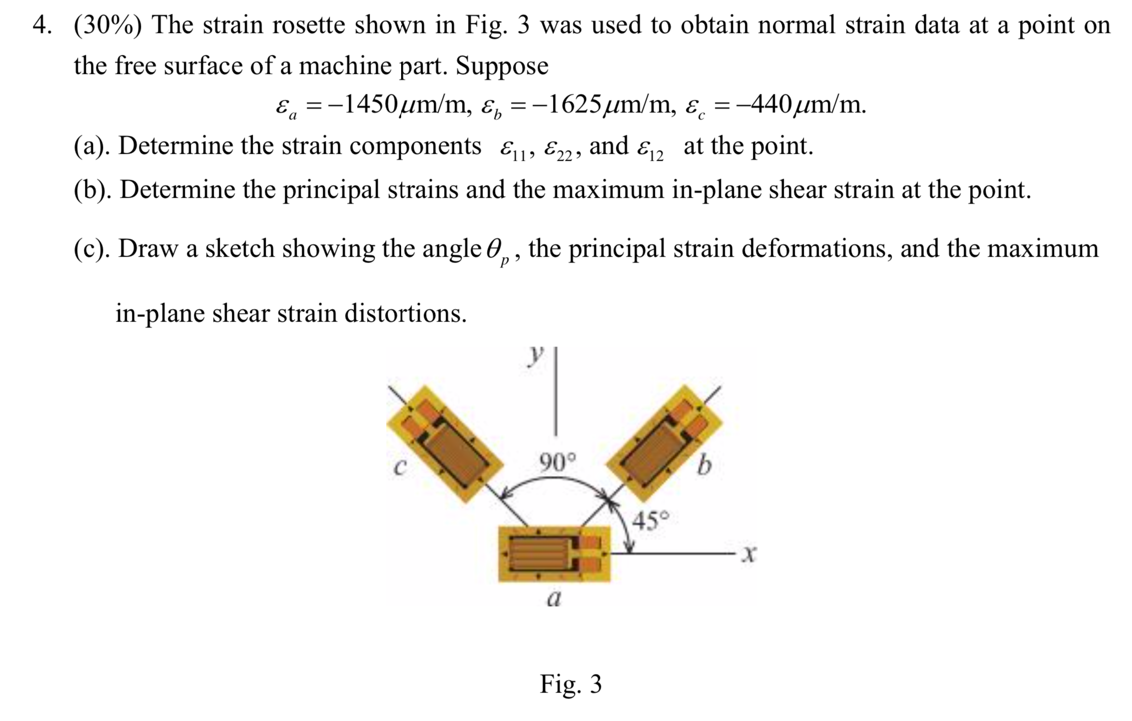 Solved 4. (30%) The strain rosette shown in Fig. 3 was used | Chegg.com