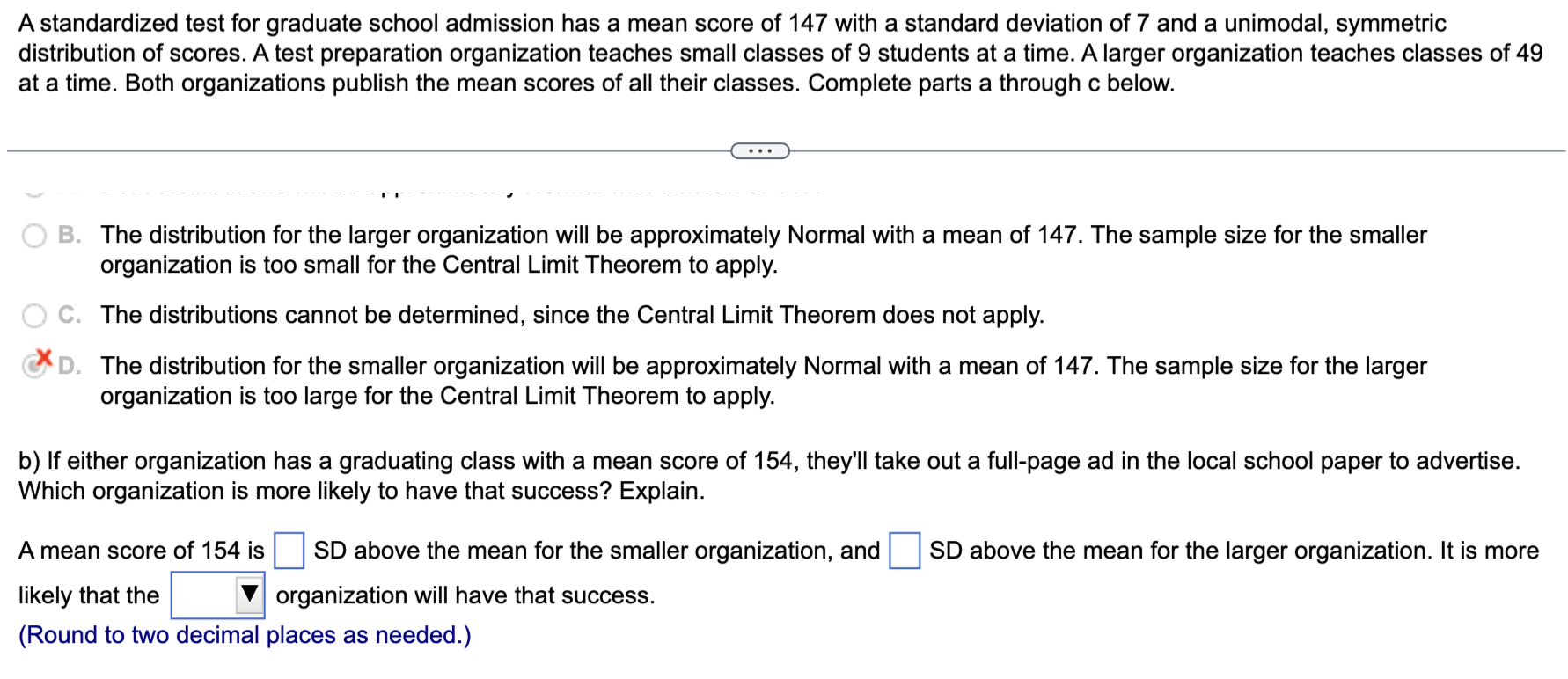 Solved A standardized test for graduate school admission has | Chegg.com