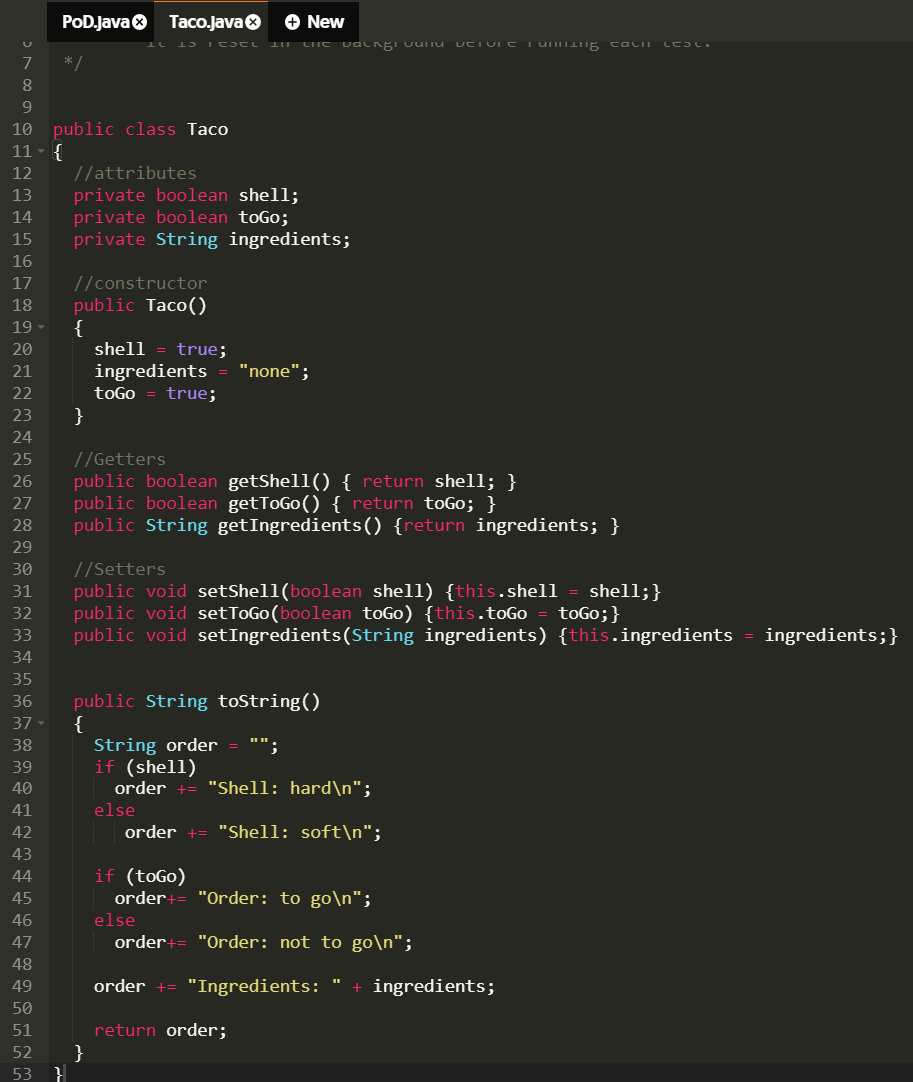 Solved Taco -shell: boolean -toGo: boolean -ingredients: | Chegg.com
