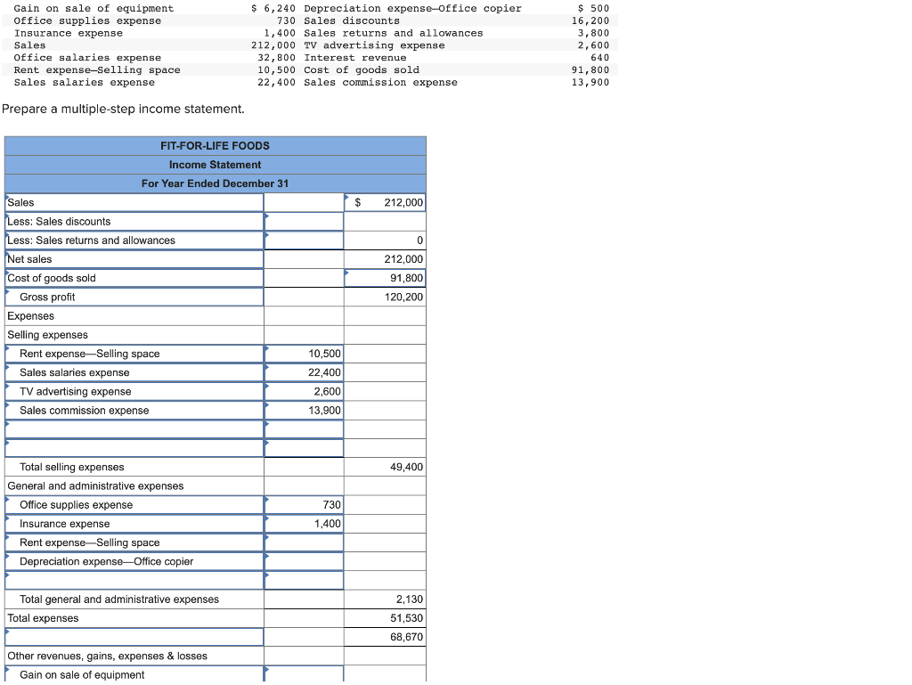 Prepare A Multiple Step Income Statement Chegg