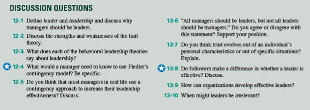 Solved DISCUSSION QUESTIONS 12-1 Define leader and | Chegg.com