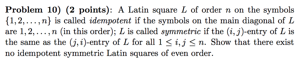 Solved Problem 10) (2 points): A Latin square L of order n | Chegg.com
