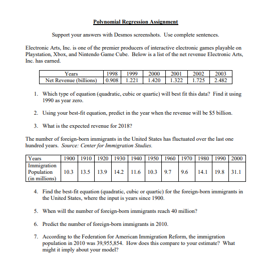 Solved Polynomial Regression Assignment Support Your Answers | Chegg.com