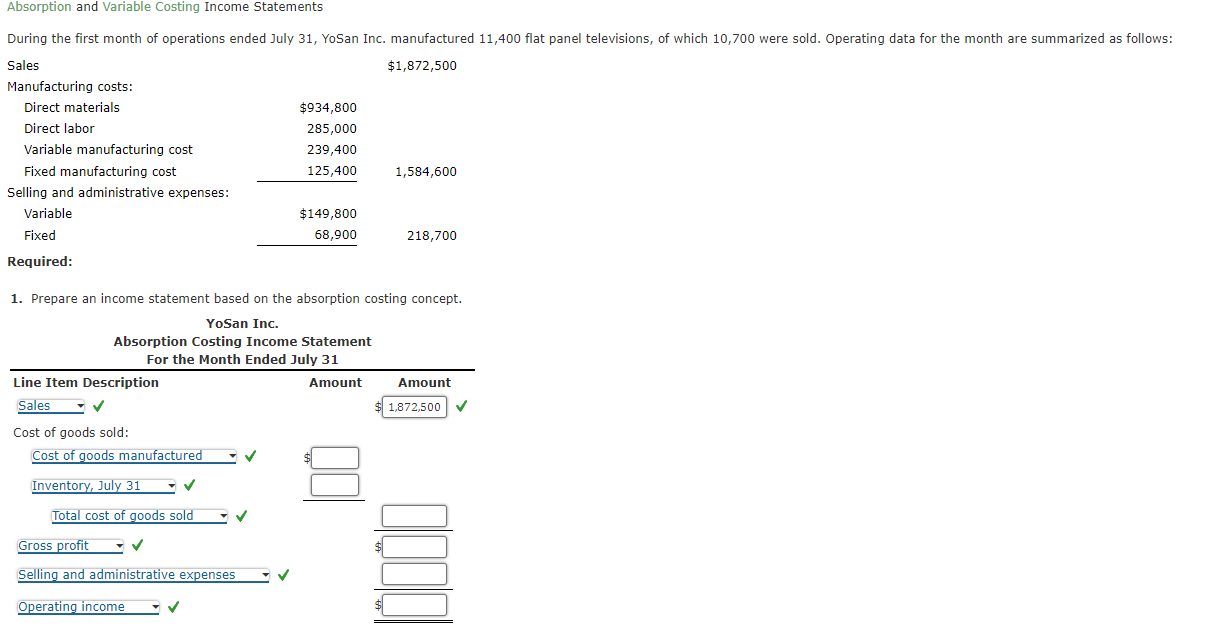 Solved Absorption And Variable Costing Income Statements 1. | Chegg.com