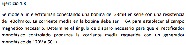 Se modela un electroimán conectando una bobina de \( 23 \mathrm{mH} \) en serie con una resistencia de 40 ohmios. La corrient