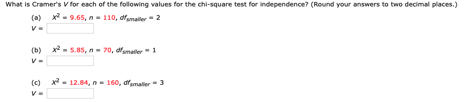 Solved What is Cramer's V for each of the following values | Chegg.com
