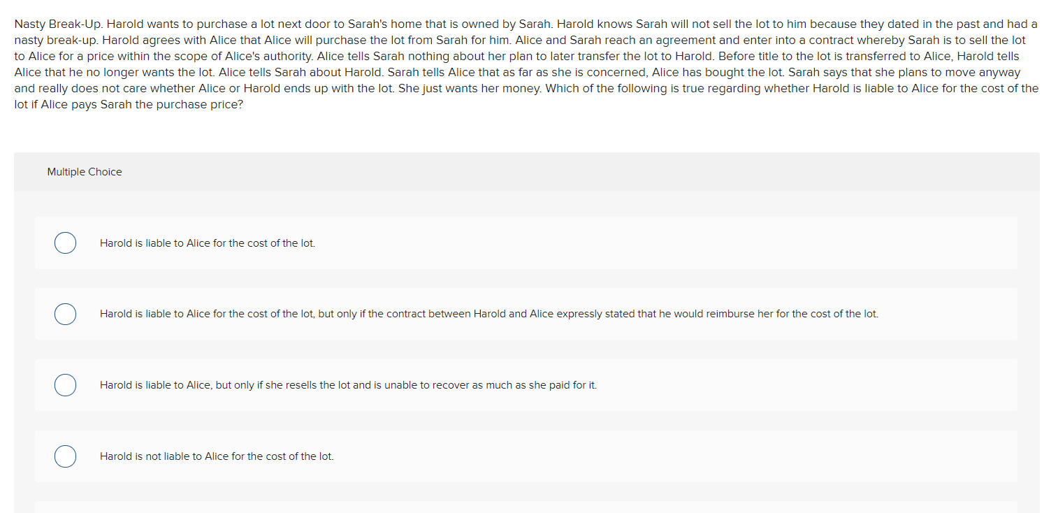 Solved Nasty BreakUp. Harold wants to purchase a lot next