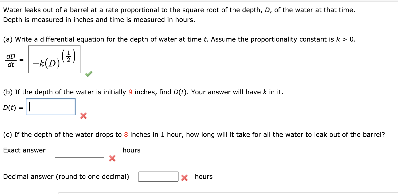 Solved Water Leaks Out Of A Barrel At A Rate Proportional To | Chegg.com