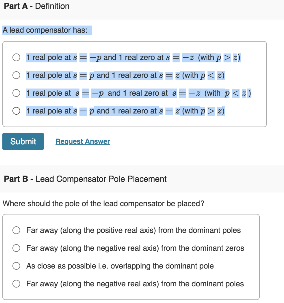Solved Part A Definition A lead compensator has 1 real