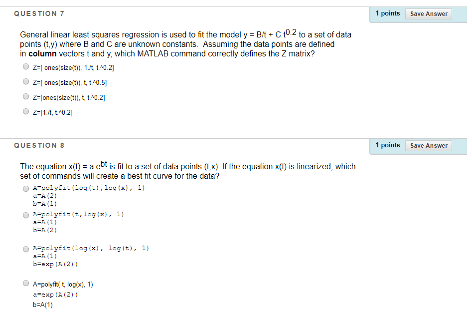 Solved QUESTION 7 1 points Save Answer General linear least | Chegg.com