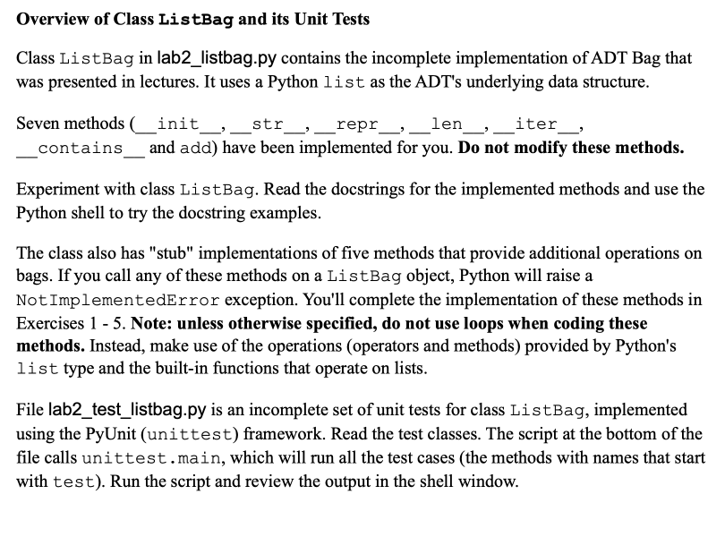 Solved Overview of Class ListBag and its Unit Tests Class | Chegg.com