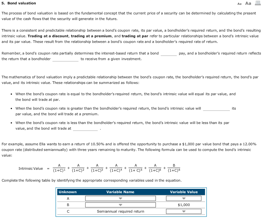 Solved 5. Bond valuation Aa Aa The process of bond valuation | Chegg.com