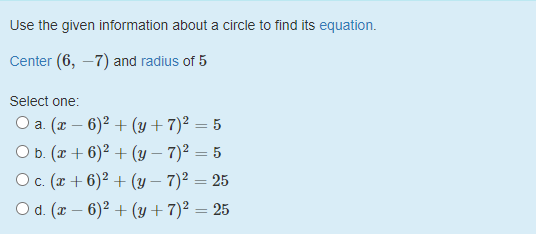 Solved Use The Given Information About A Circle To Find Its Chegg Solved Use The Given Information About A Circle To Find Its Chegg