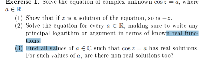 Solved Exercise 1. Solve the equation of complex unknown cos | Chegg.com