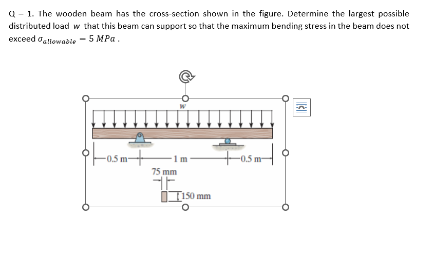\( Q-1 \). The wooden beam has the cross-section shown in the figure. Determine the largest possible distributed load \( w \)