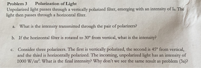 Solved Problem 3 Polarization Of Light Unpolarized Light | Chegg.com