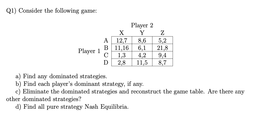 Solved Q1) Consider the following game: A B С D Player 2 Y | Chegg.com
