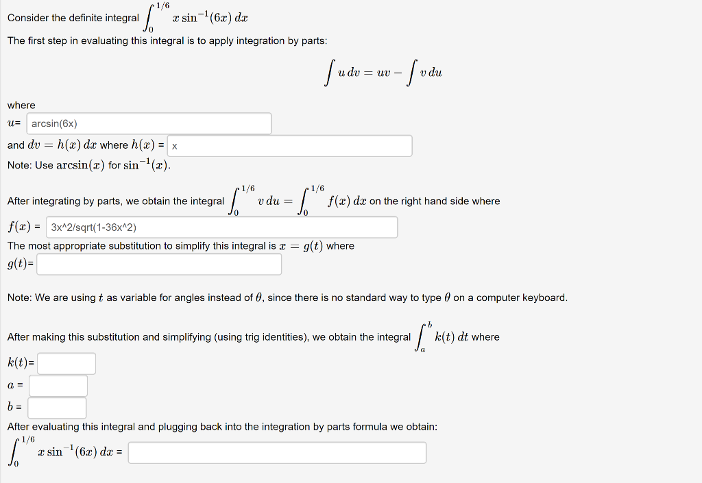 Solved 1/6 Consider the definite integral / rsin-+(6x) dx | Chegg.com